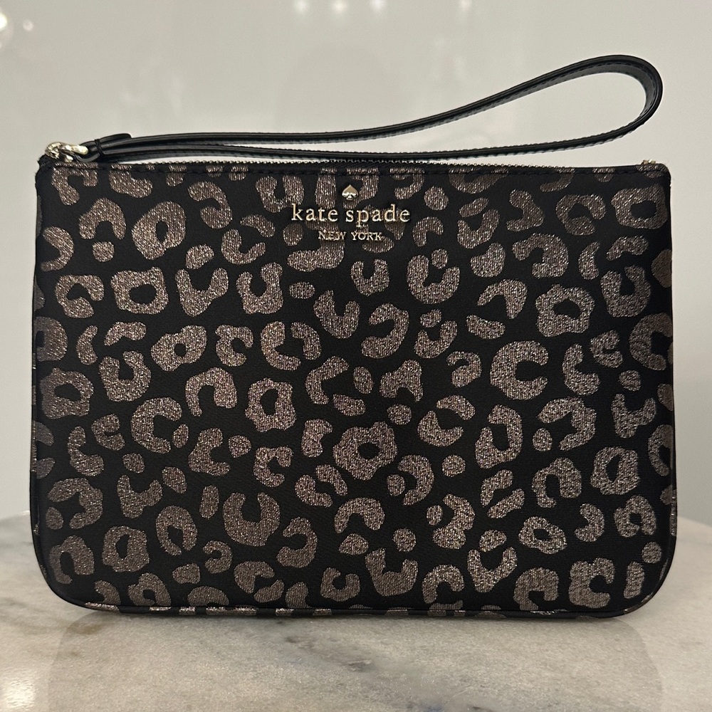 kate spade Chelsea Metallic Leopard Print Wristlet in Black and Champagne